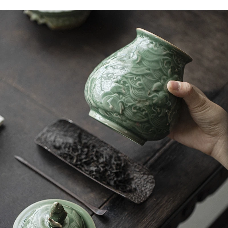 Ceramic Tea Pot Porcelain Ginger Jar General Celadon Handmade Fish Relief  Storage Home Furnishing Decoration