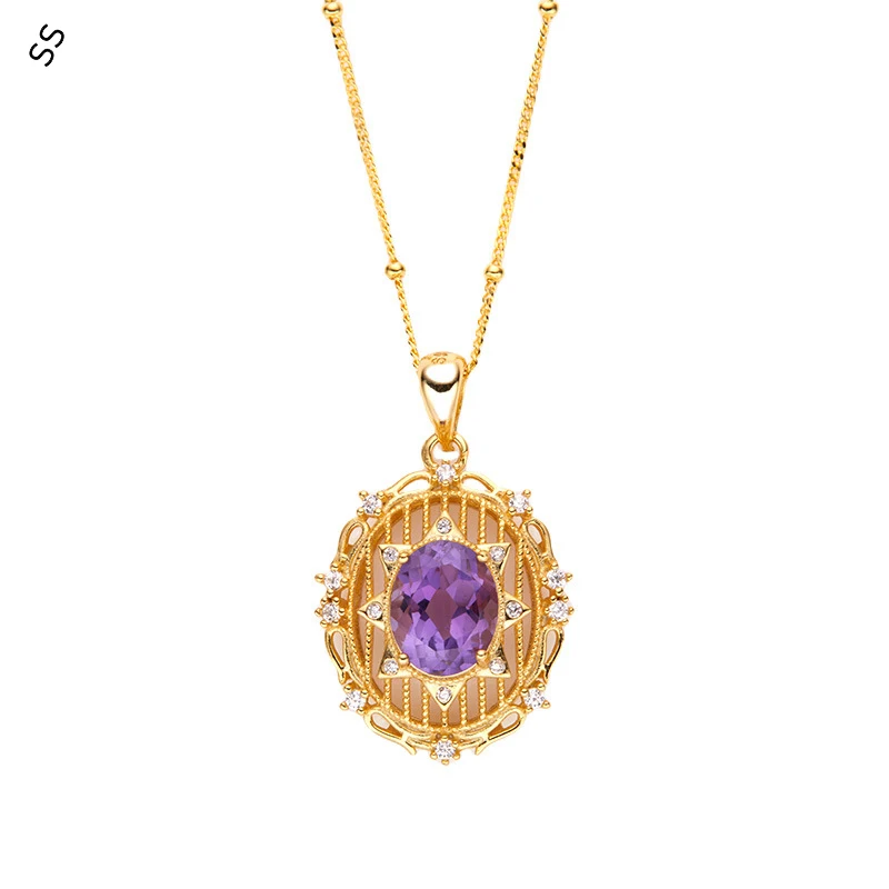 

Color Treasure Gems Jewelry S925 Necklace for Women with Natural Amethyst Pendant Choker Charms Accessories