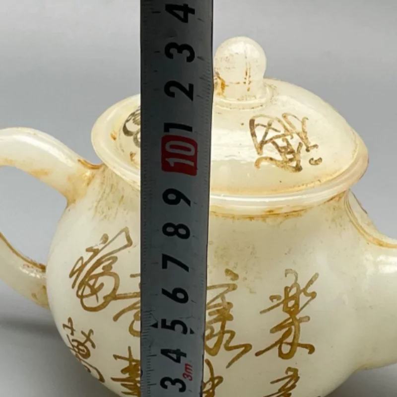 Antique Xiuyan Jade Carved Teapot Wine Pot - Exquisite Folk Art Craft & Home Desktop Decor Collectible Ornament
