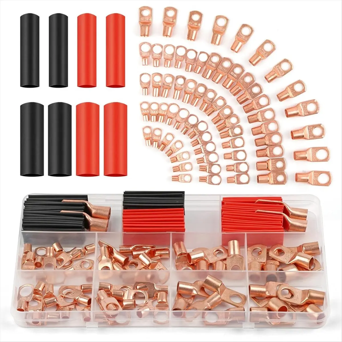 MALL Copper Wire Lugs 130Pcs, AWG 2 4 6 8 10 12 Gauge Battery Cable Ends Connectors Assortment Kit for Marine, Automotive