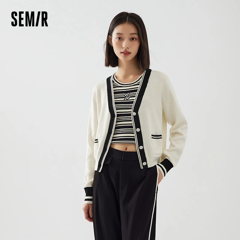 Semir Permanent Joint Knit Cardigan Women Short V-Neck Sweater Lady Autumn Fashion Trendy Contrast Color Temperament Top