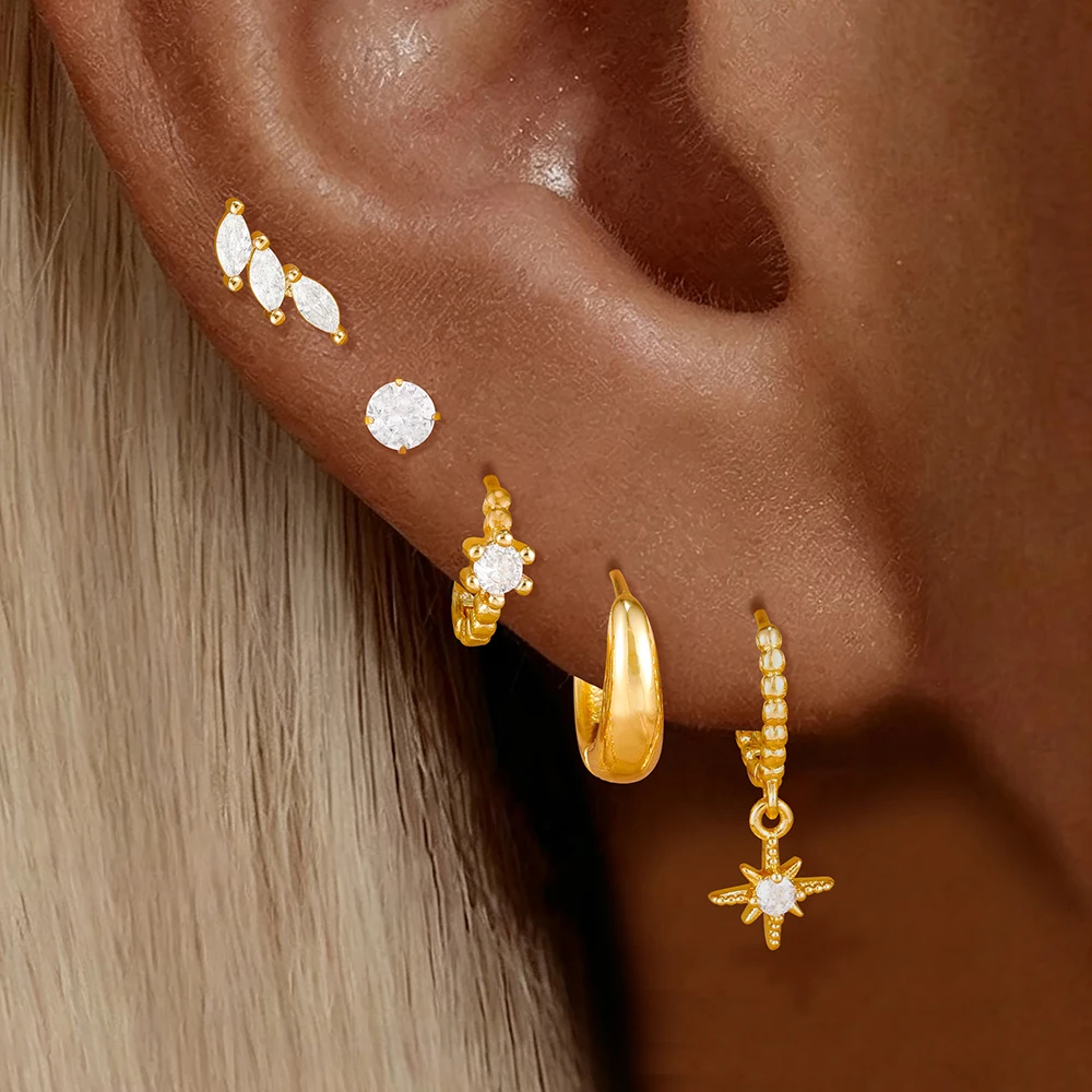 5pcs New Leaf Star Zircon Gold Plated Pendant Hoop Earrings Set For Women Stainless Steel Ear Stud Tragus Piercing Girl Jewelry