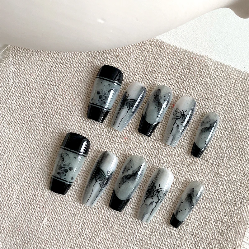 10 pièces d'ongles en forme de cercueil faits à la main, beaux faux ongles, nail art de style chinois, papillon à l'encre adapté aux femmes à utiliser