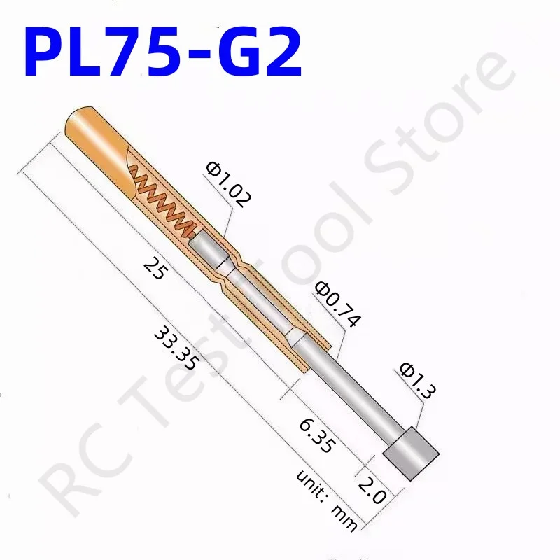 

100PCS PL75-G2 Spring Test Probe Pogo Pin Spring Test Pin Length 33.35mm Needle Dia 1.02mm Test Probe Head Dia 1.30mm PL75-G