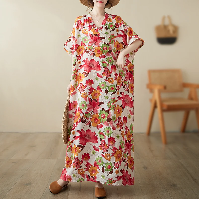 Rok A-Line Katun Linen Longgar Model V-Ne, Lengan Kelelawar, Gaya Pantai Vintage, Ukuran Besar, Santai Musim Panas, Manis