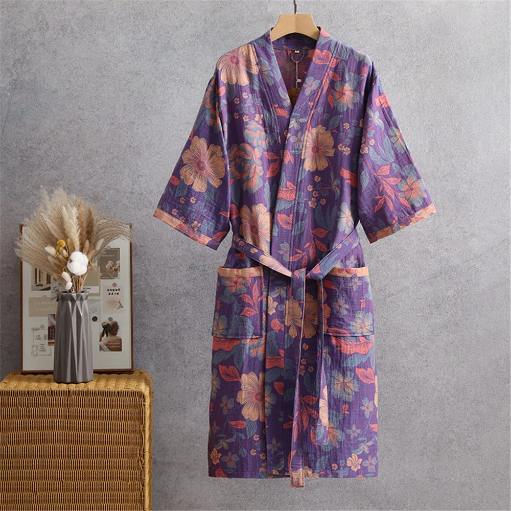 

Cotton Printed Half Sleeve Kimono Bathrobe for Spring and Summer Thin Home Wear Absorbent Quick Drying Sleeping Robe