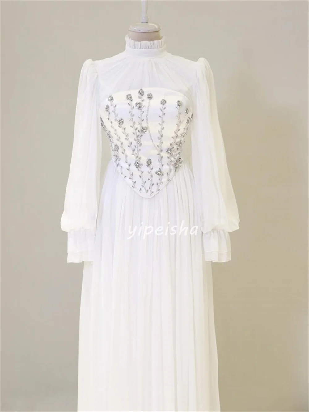 Customized High Quality Matching Chiffon Rhinestone Pleat Straight High Collar Long Dresses Bespoke Occasion Dresses Elegant