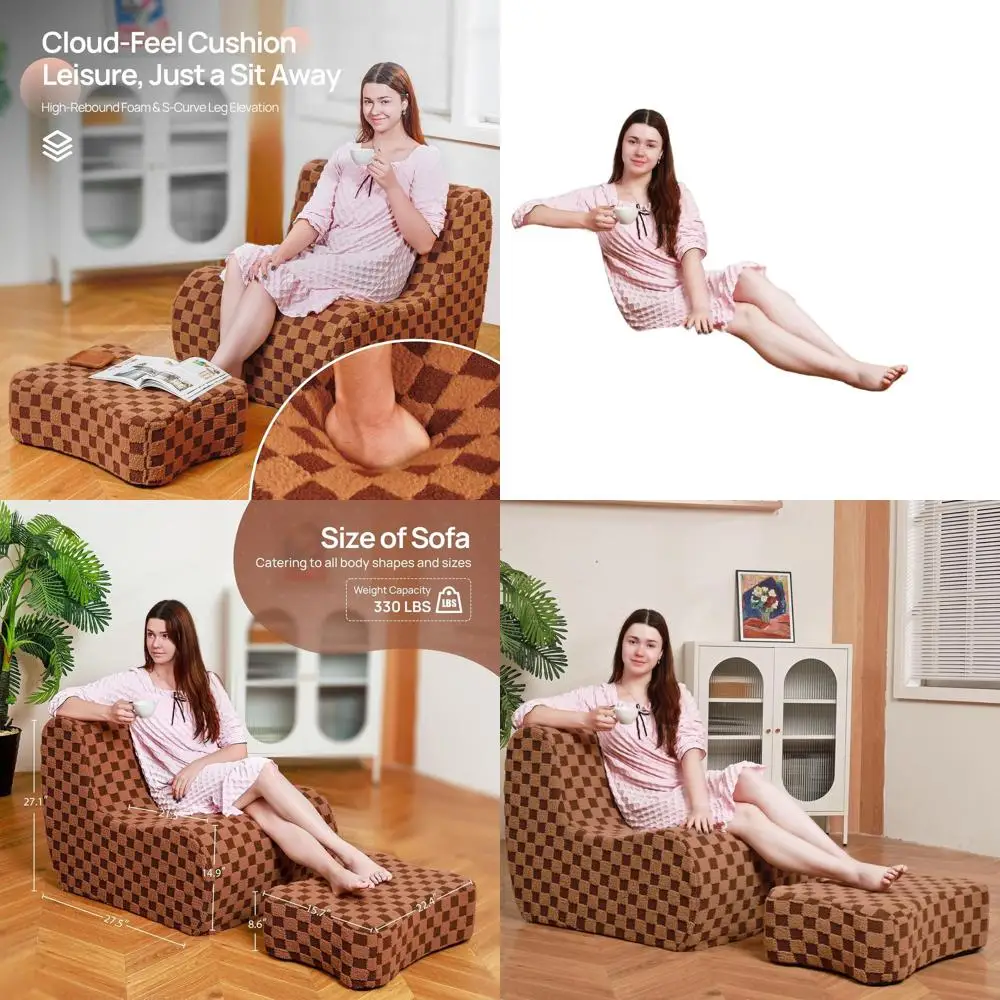 

Adult Plush Bean Bag Chair with Ottoman, Memory Foam Filled, Comfortable Floor Sofa for Living Spaces, Dorms, Apartments - Brown