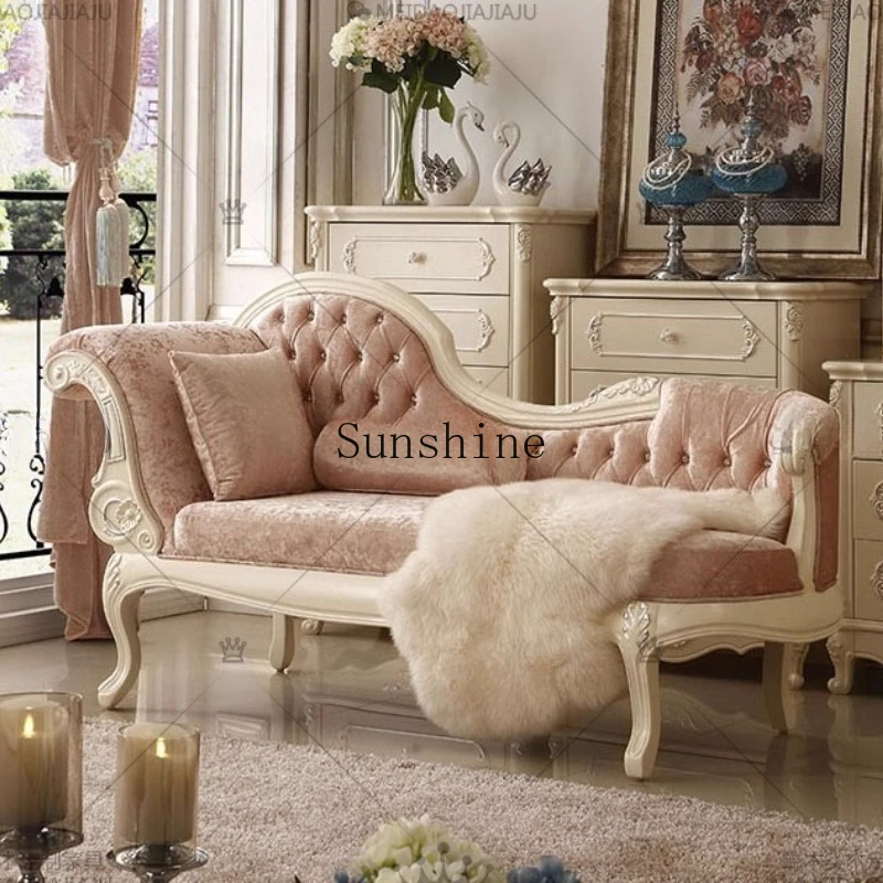

European solid wood carving flower fabric pull button chaise longue pink, ivory white, sofa, custom