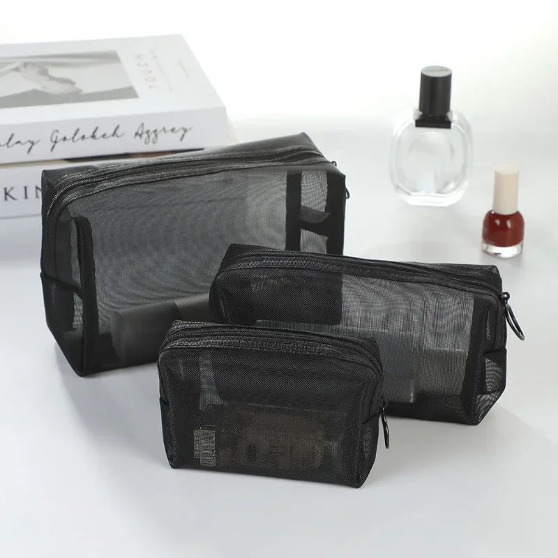 1PC Black Mesh Cosmetic Bag Small Large Makeup Bags Zipper Pouch for Offices Travel Storage Bags Toiletry Bags Makeup Pouch