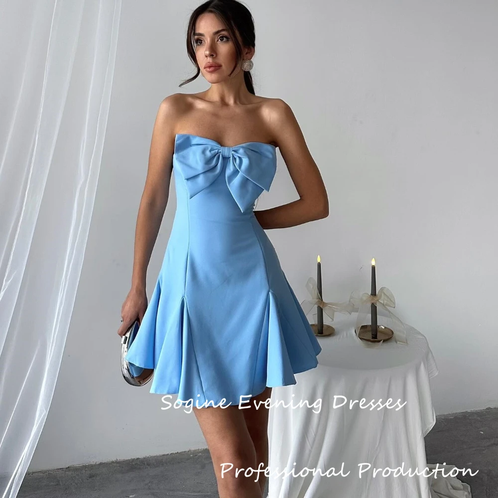 Strapless Crepe Sem Mangas Vestidos De Fiesta A Linha Curto Cocktail Mini Vestidos de Noite Com Arco Mini فساتmavera