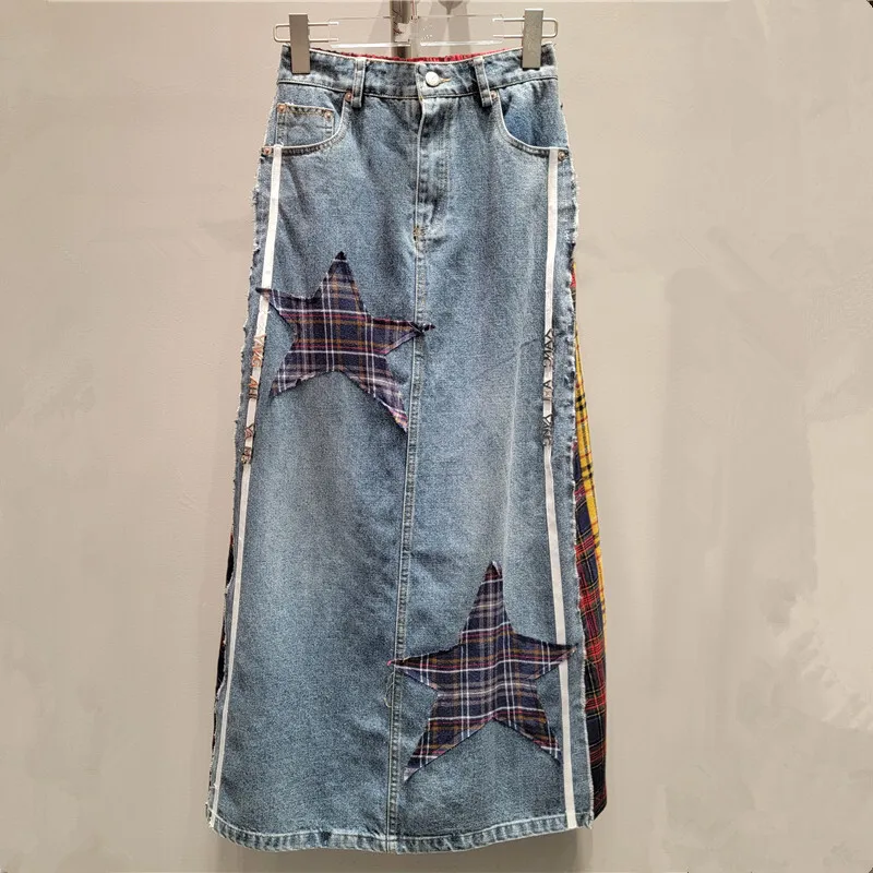 DEAT Women's Denim Skirt Patchwork Five Pointed Star Contrast Color Plaid A-line Long Skirt Spring 2025 New Fashion 29L8857