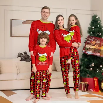 Pigiama coordinato per la famiglia natalizia Set stampa piccolo mostro Abiti genitore-figlio Top + Pantaloni a righe Indumenti da notte natalizi Tuta da bambino