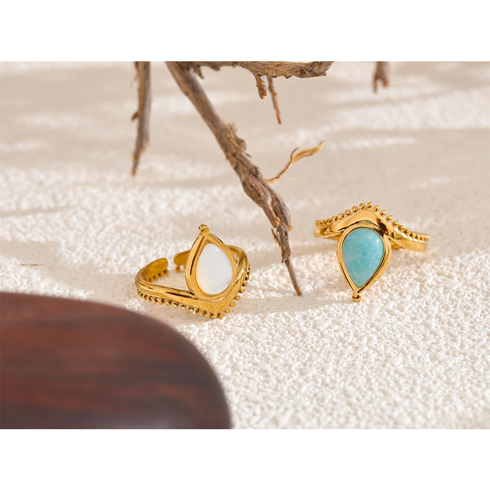 Yhpup Blue White Natural Stone Shell Amazonite France Adjustable Open Ring Stainless Steel Charm Daily Fashion Jewelry Gift