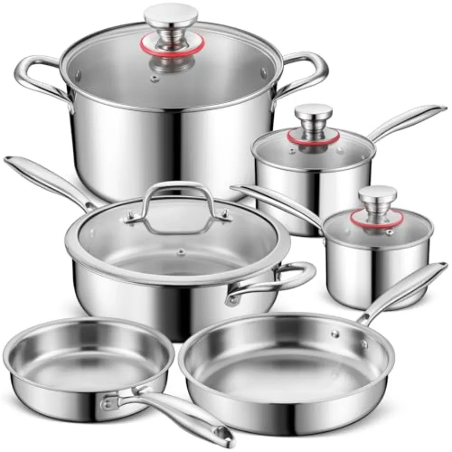 

3Ply Stainless Steel Pots and Pans Set 10 Pcs Stainless Steel Cookware Sets for Kitchen Induction Nontoxic Kitchen Cooking Set