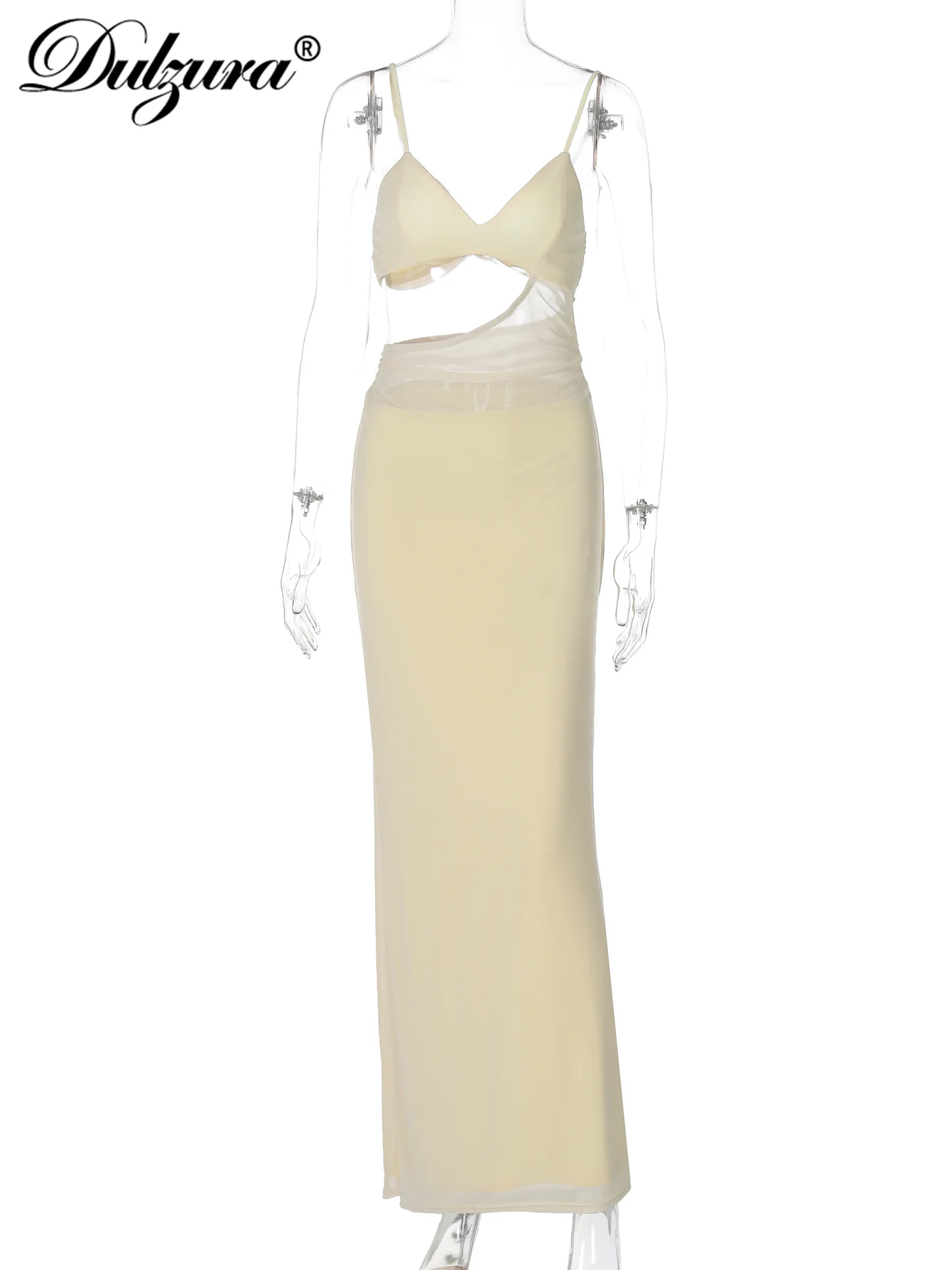 Dulzura sans manches dos nu mince maille transparente Patchwork Cami robe Maxi solide Sexy robe élégante fête Club rue vêtements d'été