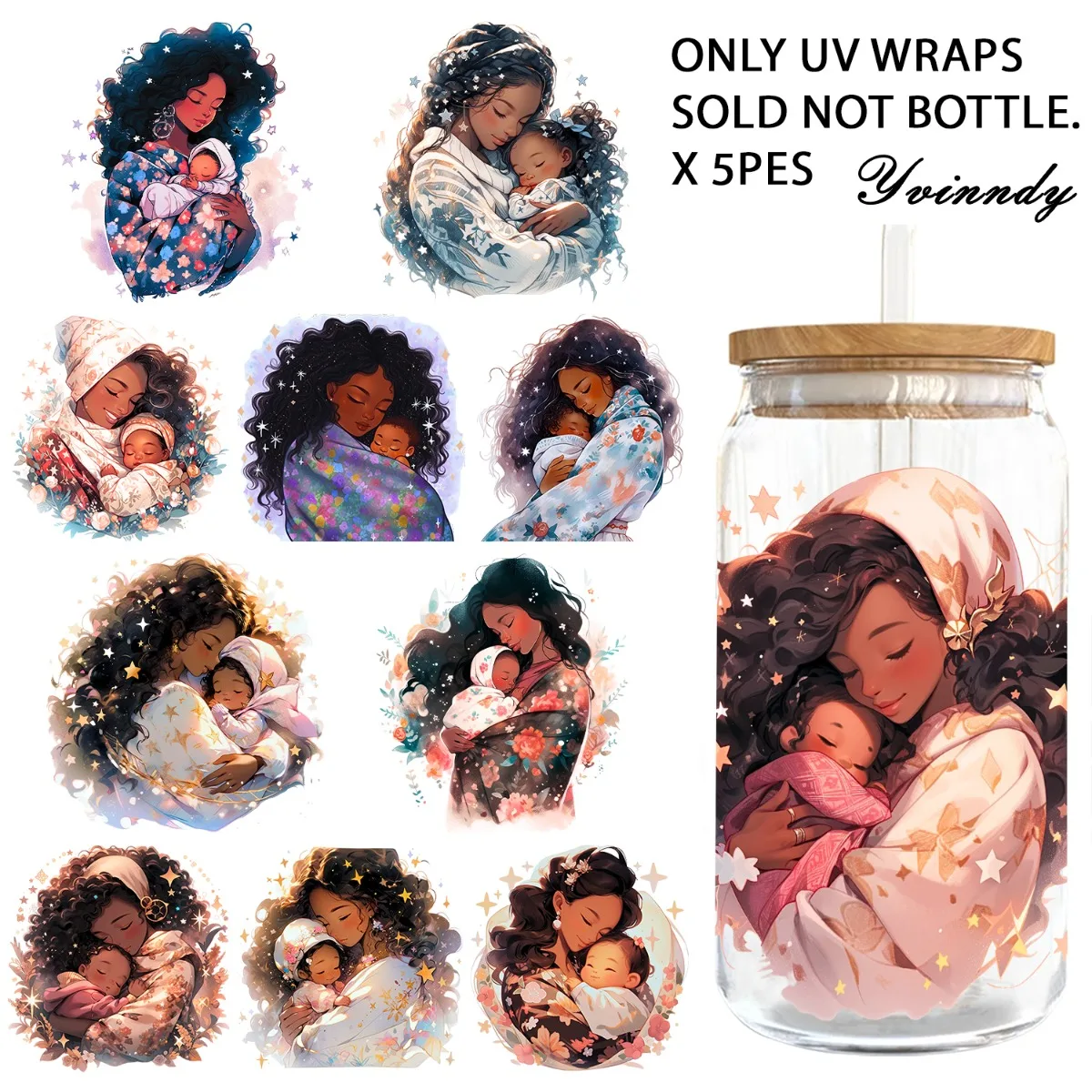 

5PCS/Set Of 16OZ Mother's Day Theme Black Mother Design UV DTF Suitable For Mugs (Excluding Cups)
