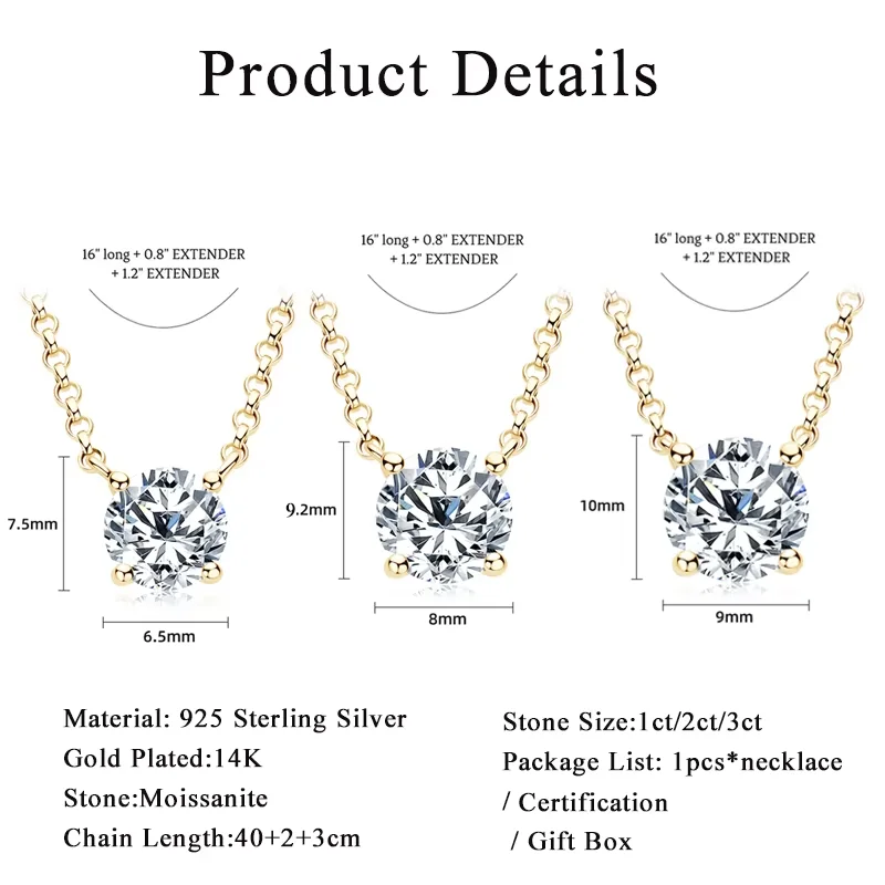 Lnngy 1CT 2CT 3CT Certified Moissanite Pendant Necklace For Women S925 Sterling Silver Solitaire Drop Necklaces Jewelry Gift