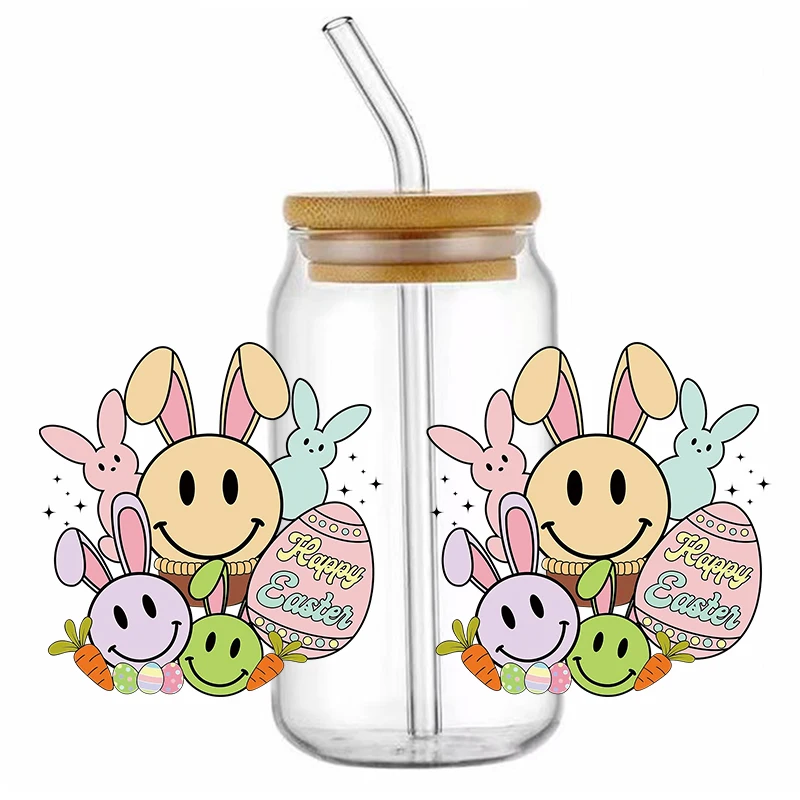 Wholesale Custom Easter Ready to Ship 16oz Glass Can Tumbler Wrap UV DTF Cup Wrap Transfers