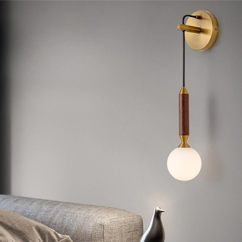 

Retro Walnut Wood Simple Glass Wall Lamps LED Nordic Living Room Background Bedroom Bedside Corridor Aisle Luxury Sconces Lights