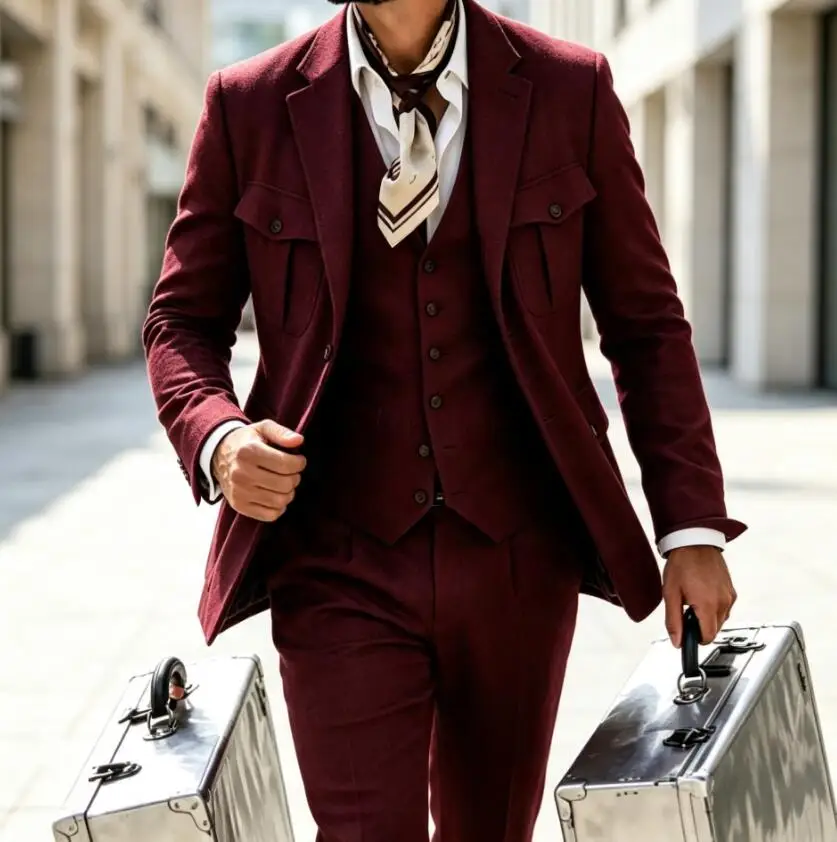 New Burgundy 3‑Piece Suits for Men Multi‑Pocket Safari Blazer Waistcoat Trousers Set Wedding Groom Formal Party Costume For Men