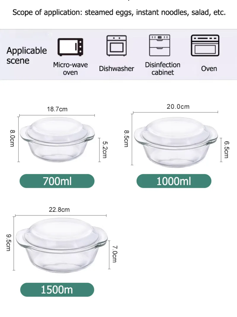 Glass Crystal Bowl with Lid High Borosilicate Double Handle Glass bowl High temperature resistance microwave and refrigerator re