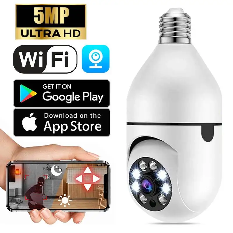 5MP E27 Bulb Surveillance Camera WiFi Wireless Baby Monitor Cameras AI Tracking Home Color Night Vision 4X Digital Zoom CCTV Cam