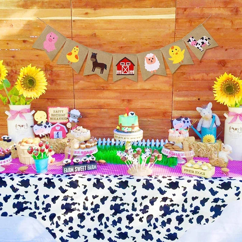Cow sheep chick Rustic Farm Animal Barn yard Farmhouse Birthday Party Baby Shower High Chair Decoration Burlap Banner Supplies view 2