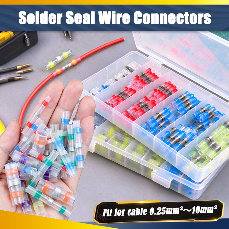 Solder Seal Wire Connectors Kit 10-500pcs Waterproof Heat Shrink Butt Terminals Tinned Copper Automotive Electrical Cable Splice