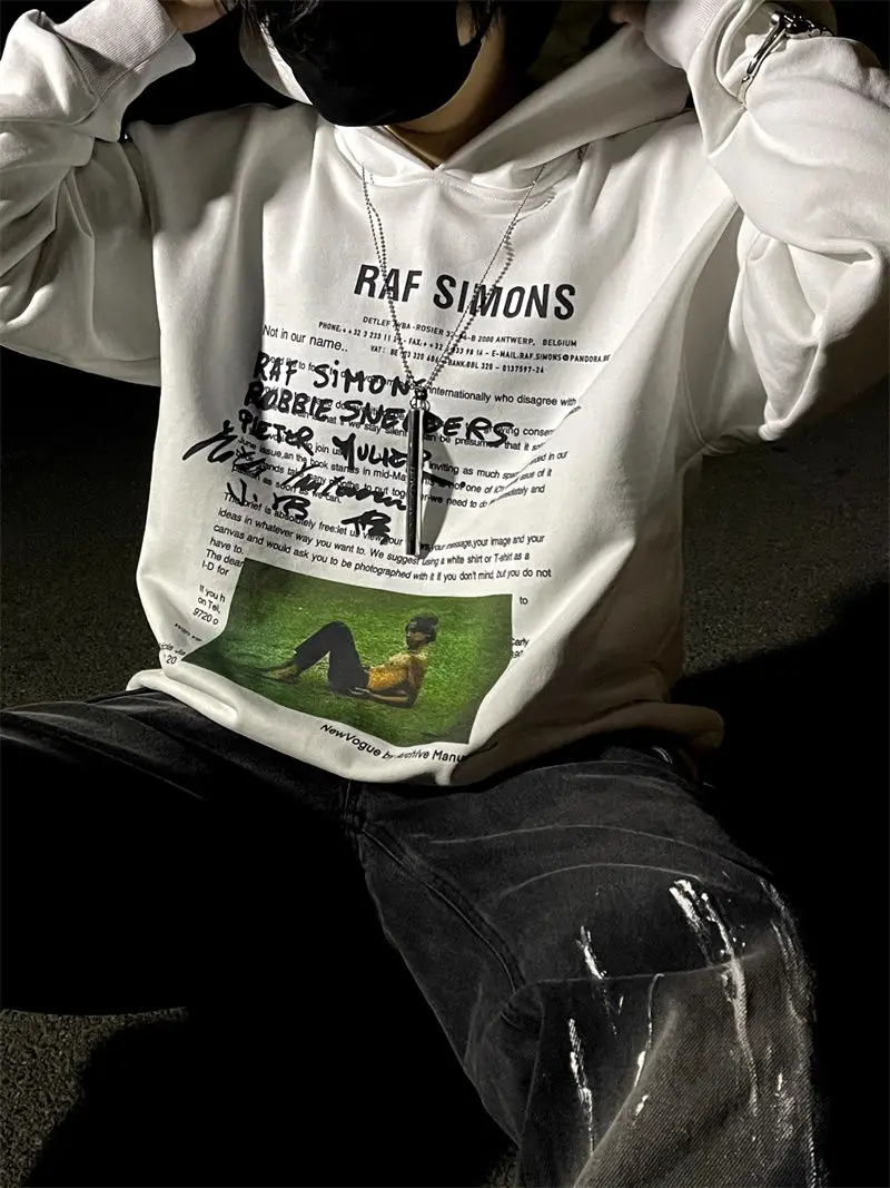 

Осенне-зимняя новая пародия RAF SIMONS с иллюстрациями High Street Vibe Wind, свободная повседневная толстовка с капюшоном, хлопковая флисовая теплая куртка