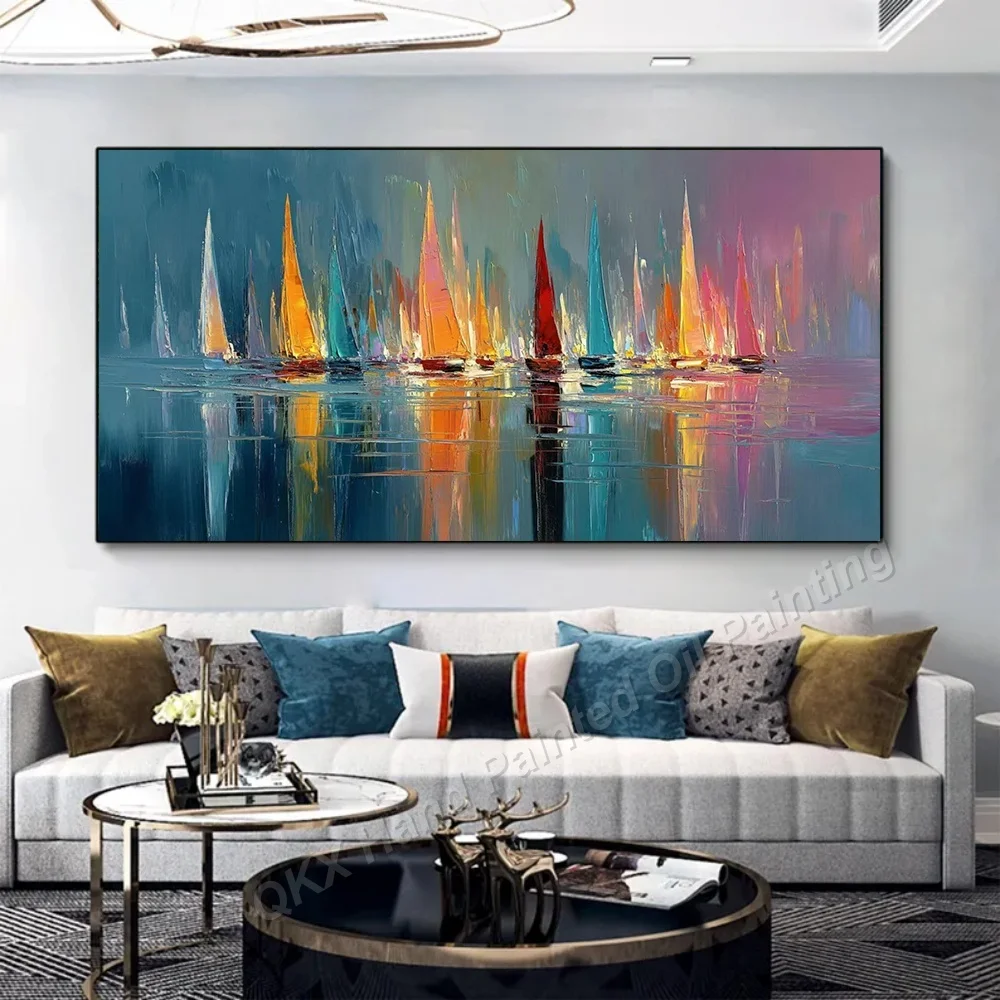 Impressionist Vibrant Sailboat Seascape Abstract Wall Art 100% Handmade Oil Painting on Canvas Decor for Living Room