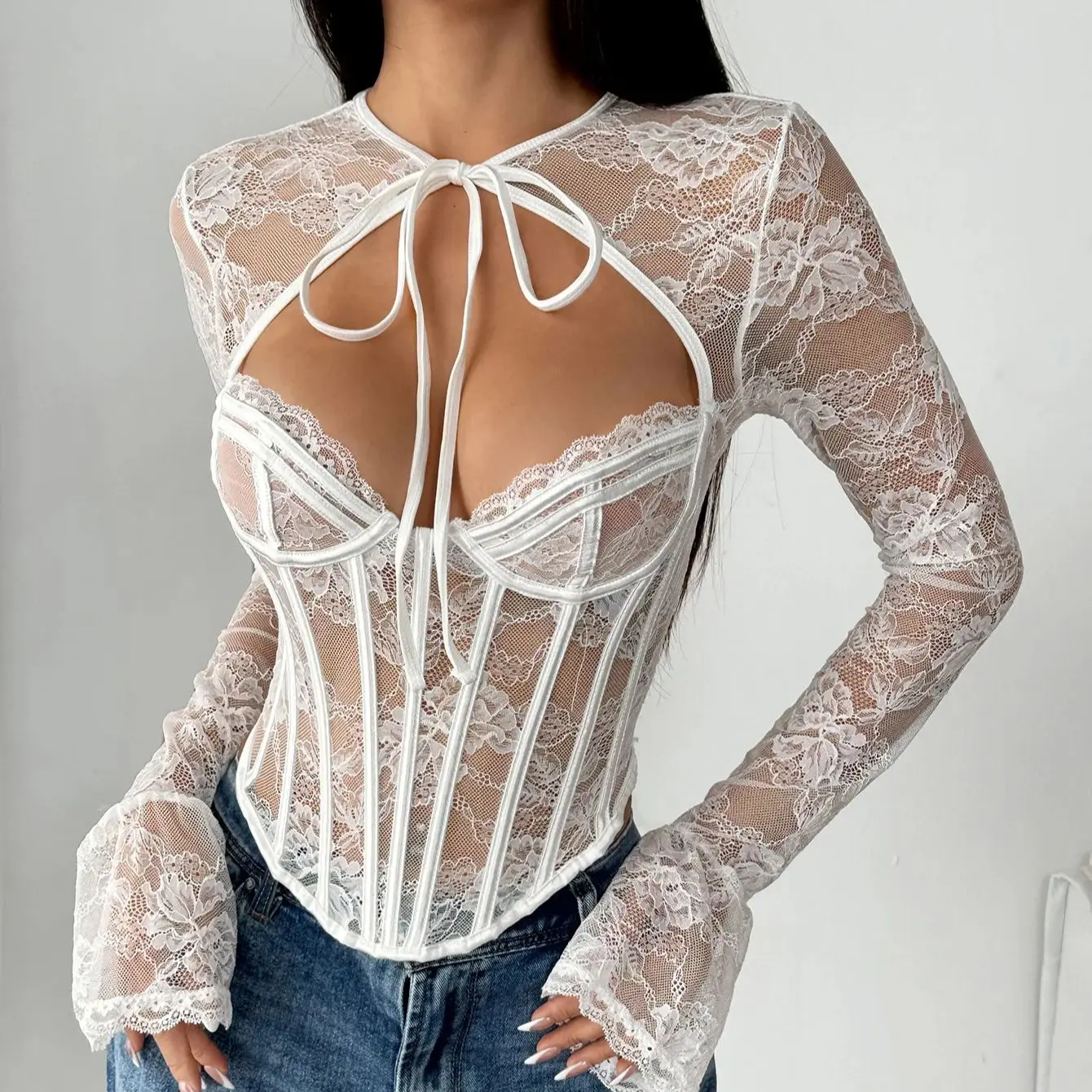 

Lace Corset Shirt Sexy Fishbone See-through Flared Long Sleeve Tops Women Camisole Fashion Night Out Corsets Party Bustier Vests