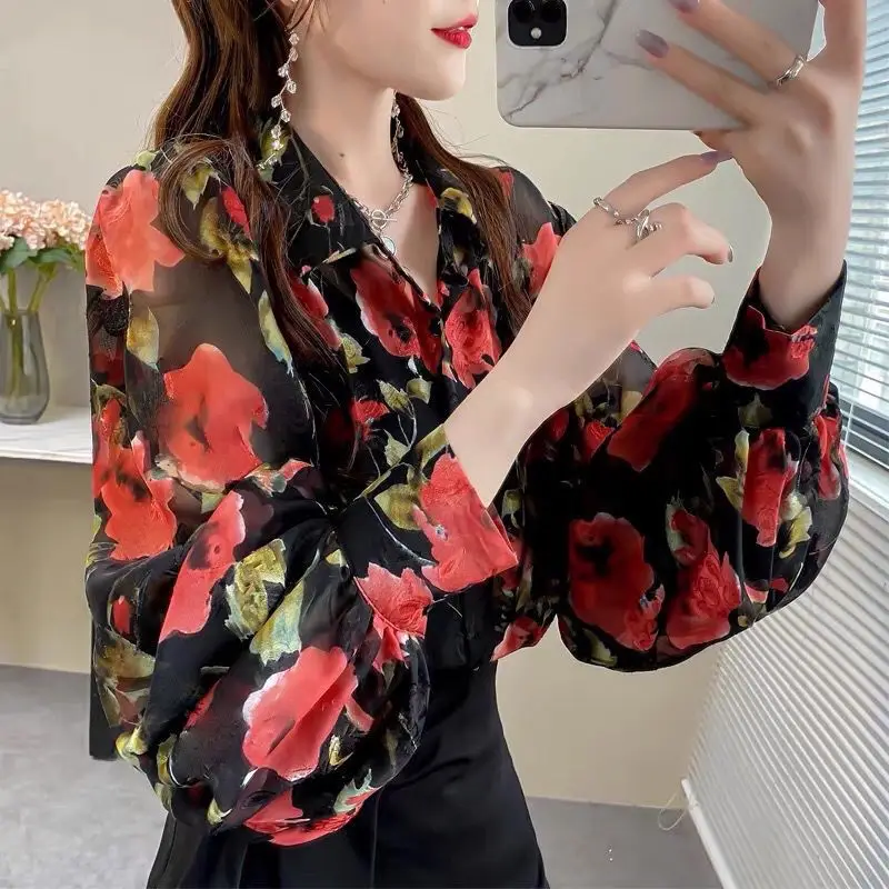 Spring and Summer New Women\'s Polo Collar Chiffon Shirt Fashion Commute Loose Flowy Ruched Lantern Sleeve Button Cardigan Tops