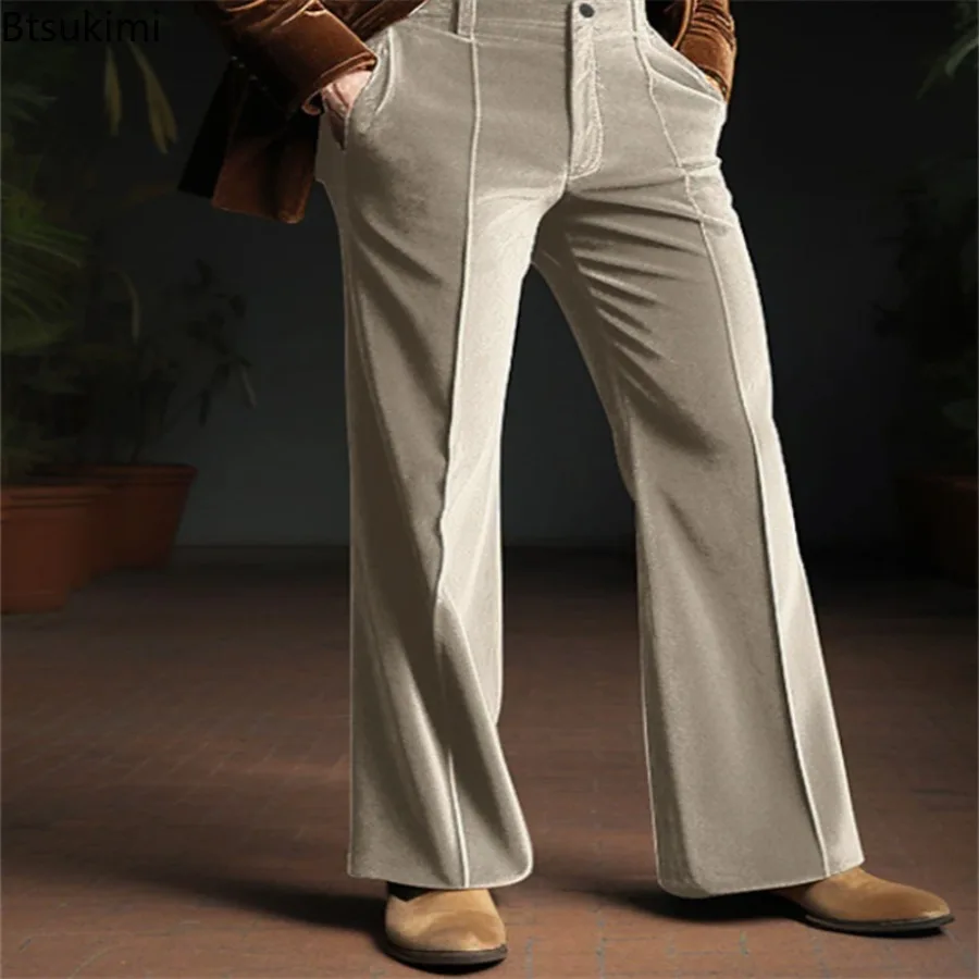 Men's Comfortable Velvet Bell Bottom Pants  Autumn Winter Casual Business Daily Pant Holiday Fashion Sides Pocket Trousers Male