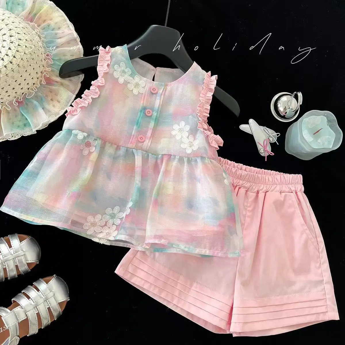 

Kids Girls' Summer Fashion Set Children's Flower Print Vest Top+Shorts Two Piece Cute Little Girl Refreshing Set 90-150CM