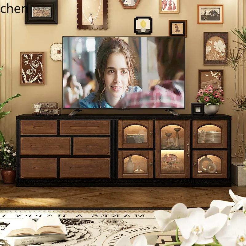 ZML medieval pure solid wood TV cabinet coffee table combination high-end living room floor cabinet