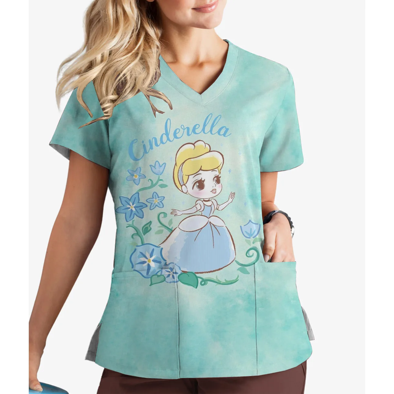 Disney Cindy Princess print 2024 new summer frosted short-sleeved nurse uniform women's V-neck doctor pocket work uniform