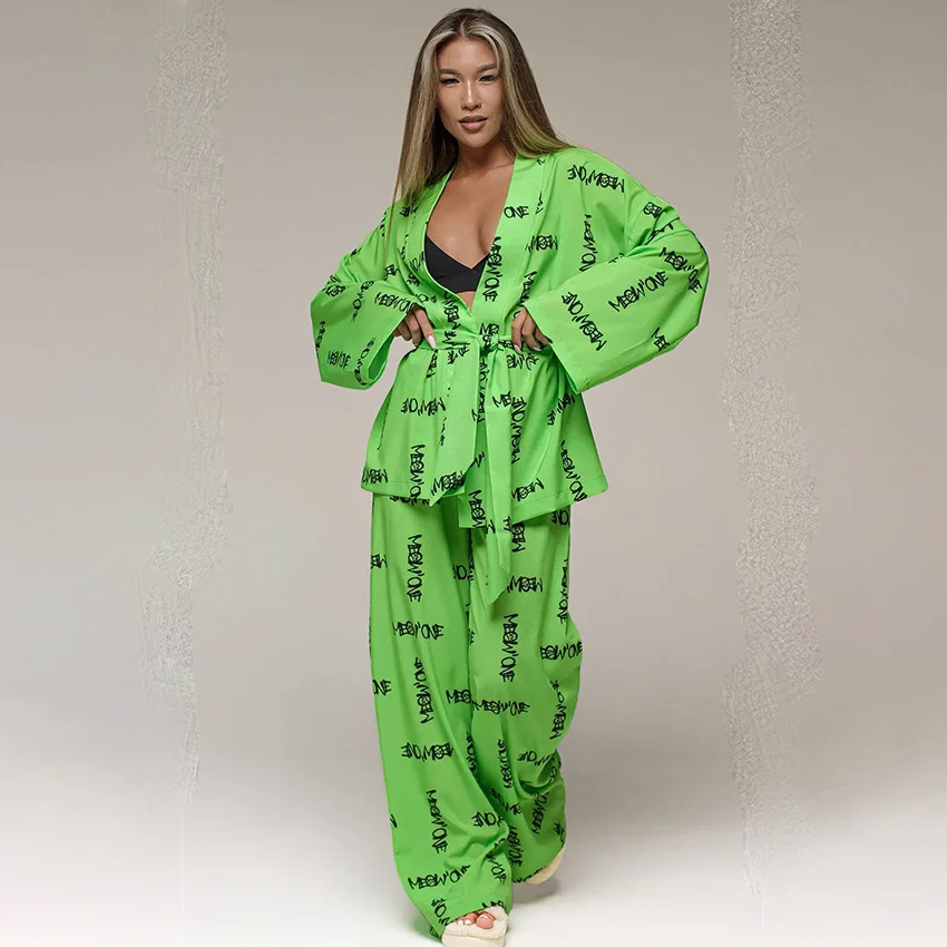 

New Green Casual Loose Print Pajamas Women Night Wears Elegant Long Sleeve Lace-Up Robes With Wide Pants Set Female Sleepwear