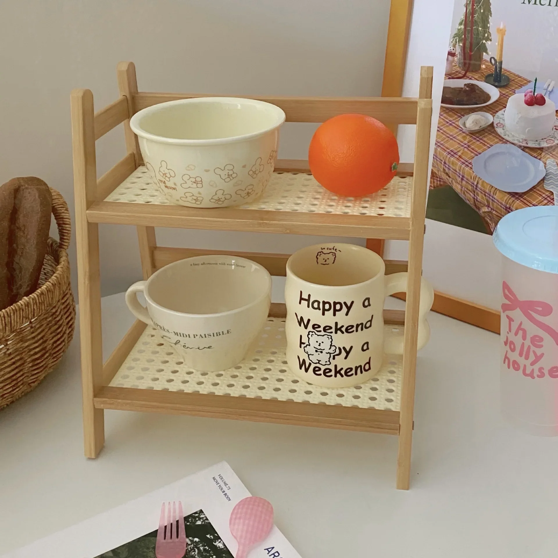 Antique Rattan Desk Shelf Dormitory Bedroom Office Kitchen Cup Holder Organizer Rack