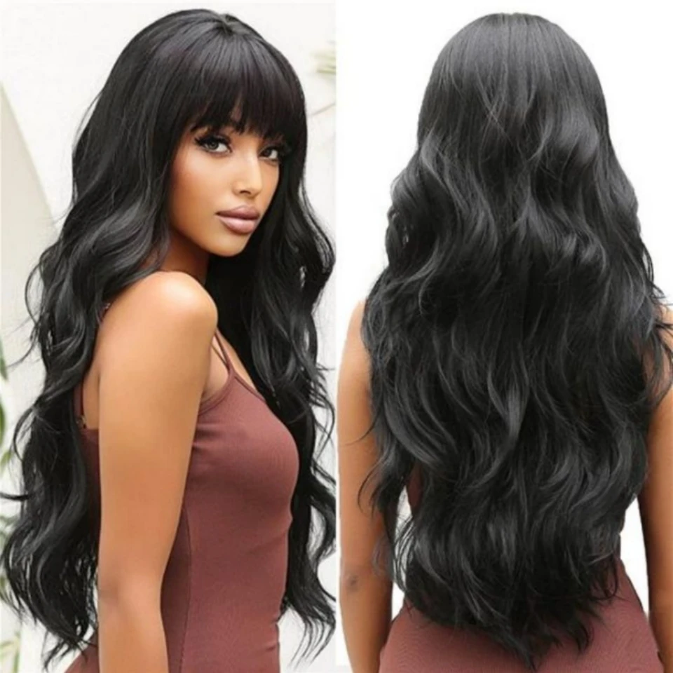 

FUGANGXIU-Body Wave Human Hair Wigs with Bangs None Lace Front Wigs 180% Density Glueless Machine Made For Women Natural Color