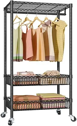 

R2 Medium Rolling Garment Rack Rolling for Hanging Clothes Portable Closet Rack with Hanging Rod Metal Basket Heavy Duty Clothi