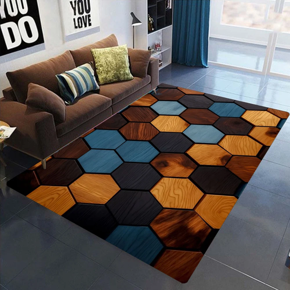 Modern Hexagon Carpet Rug Home Decoration Geometric 3D Floor Mat Living Room Hallway Bedroom Navy Grey Brown Blue Bedroom Rugs