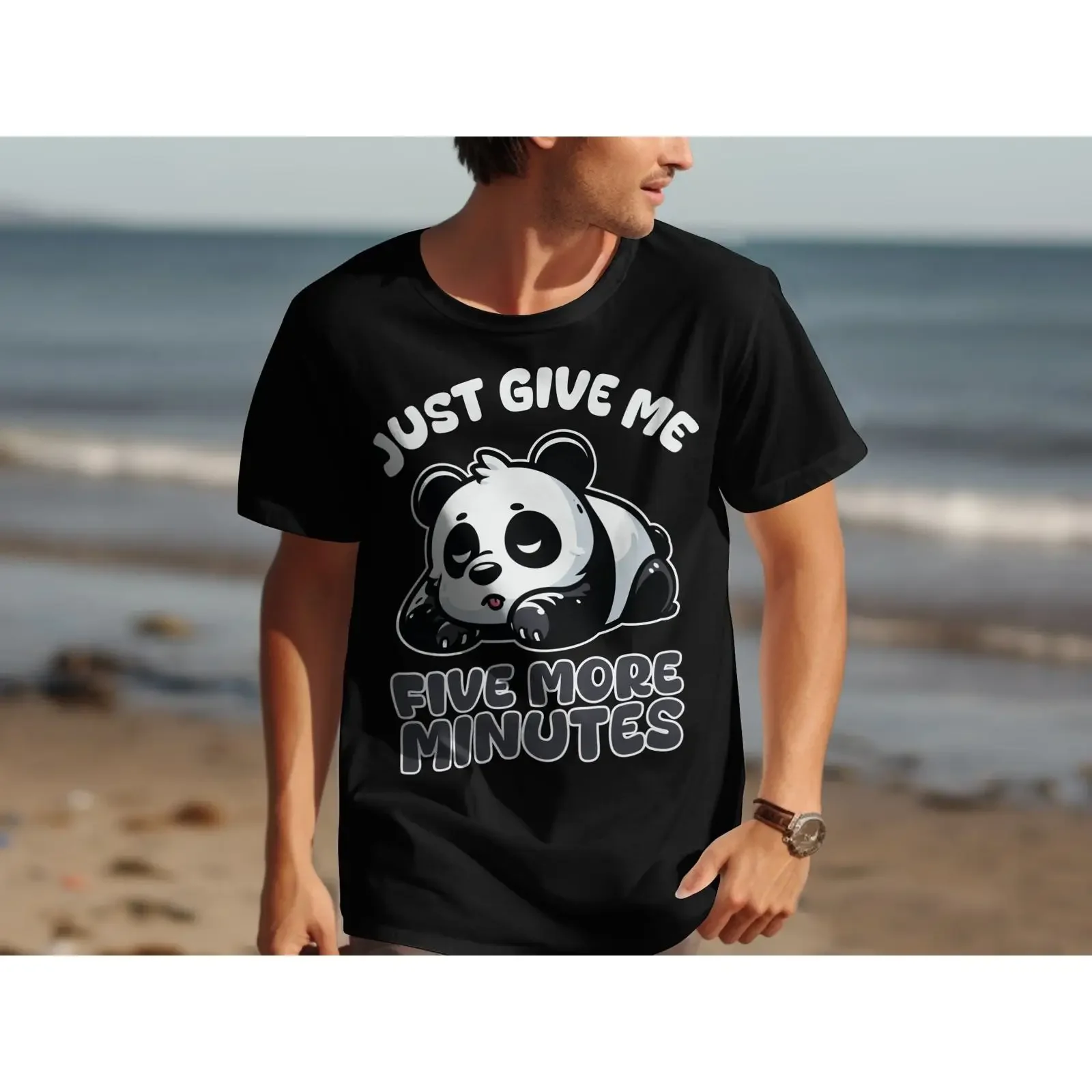 Cute Lazy Panda Just Give Me Five More Minutes T Shirt Funny Sleepy Animal Humor Casual Top vintage Washed Breathable Stretched