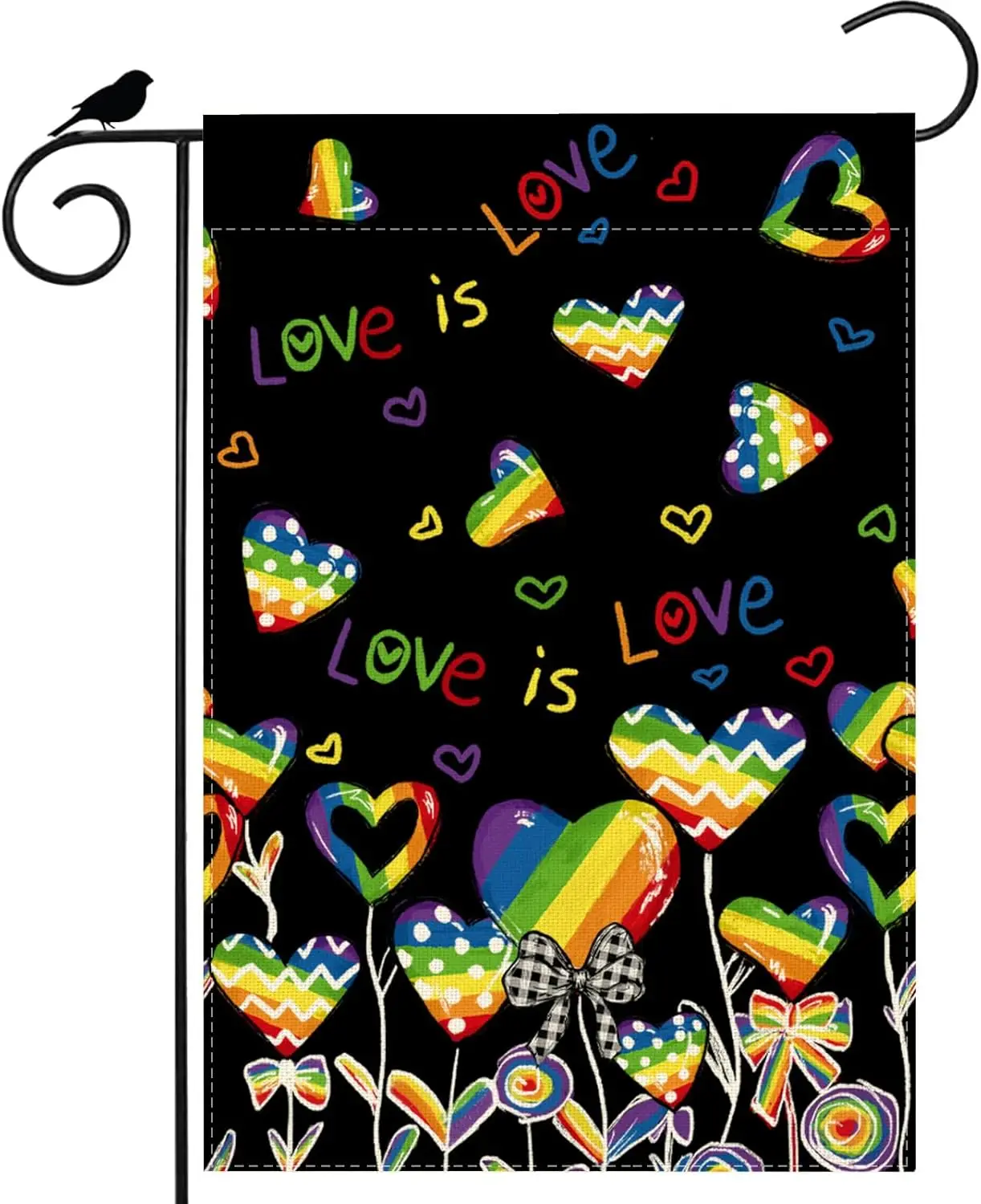 Rainbow Love Hearts Bows Pride LGBTQ Garden Flag Inclusion Diversity Lesbian Gay Bisexual Transgender Equality Yard Flag 12x IIC