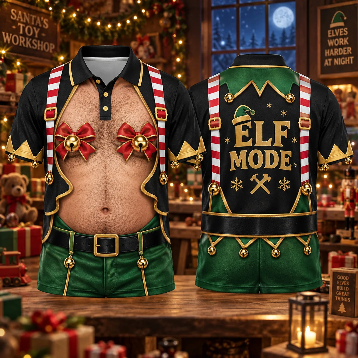 Men's Funny Christmas Polo Shirt Elf Belly 3D Body Print Short Sleeve Costume Holiday Party Golf Top