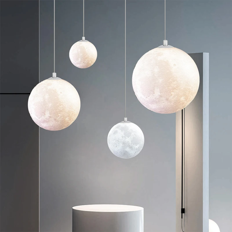 Artpad Moon Pendant Light Modern Simple 3D Printing Ball Shape Hanging Light for Bedroom Dining Hall Kitchen Bedside Decor LED