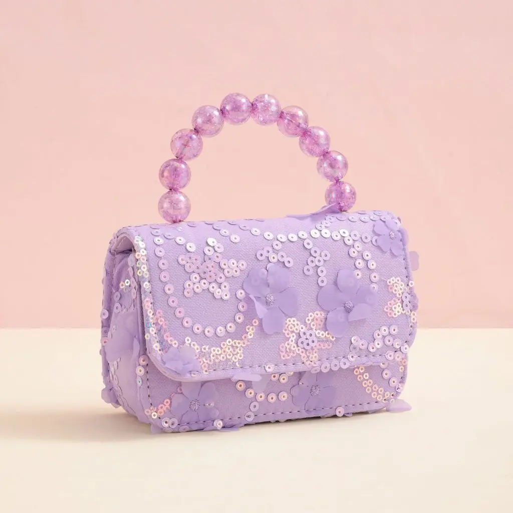 Cute Girls Handbag Beaded Handle 3D Flower Sequin Children Mini Bag Birthday Gift 2026