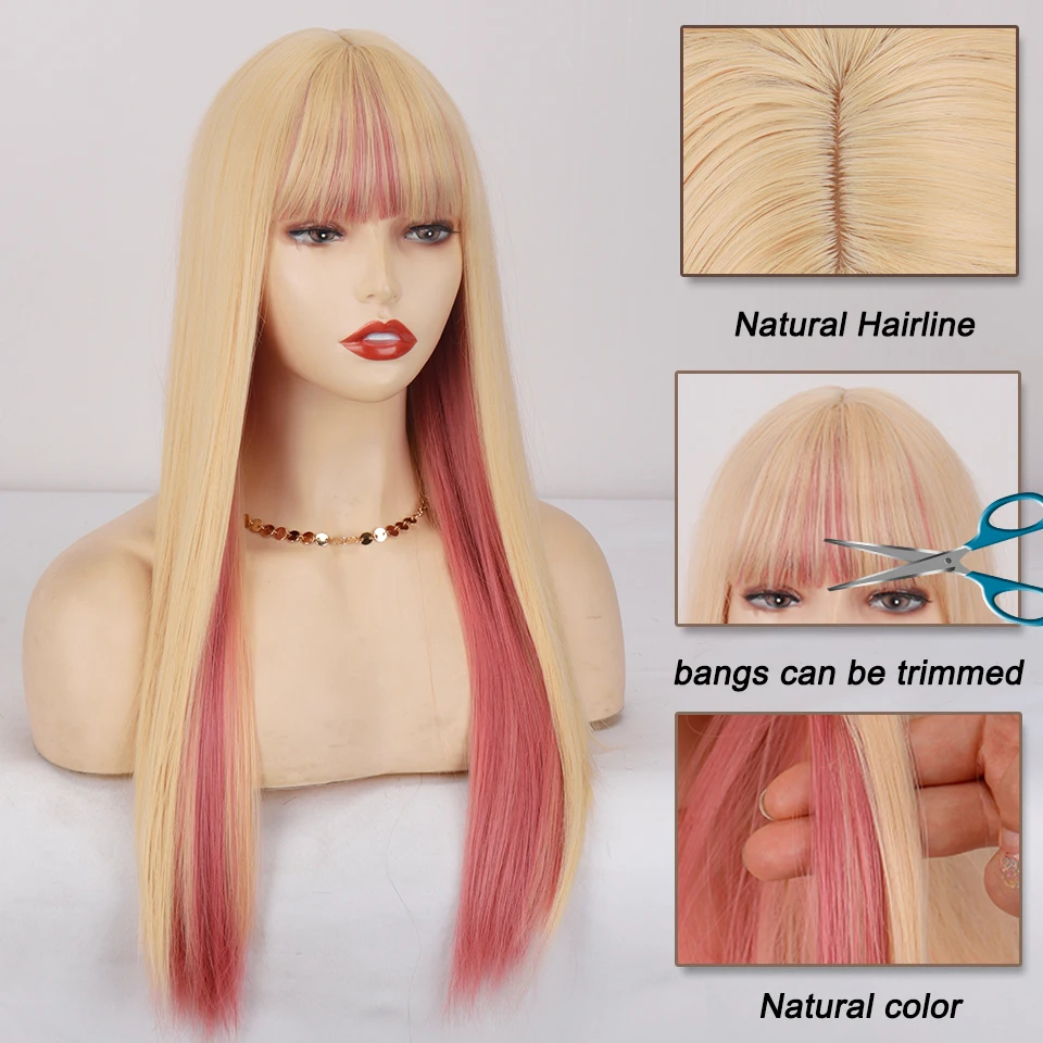 Wig Lurus Pink Pirang Sintetis dengan Poni Wig Cosplay Lucu Lolita Pembantu Alami Wig Tahan Panas untuk Wanita Wig Harian