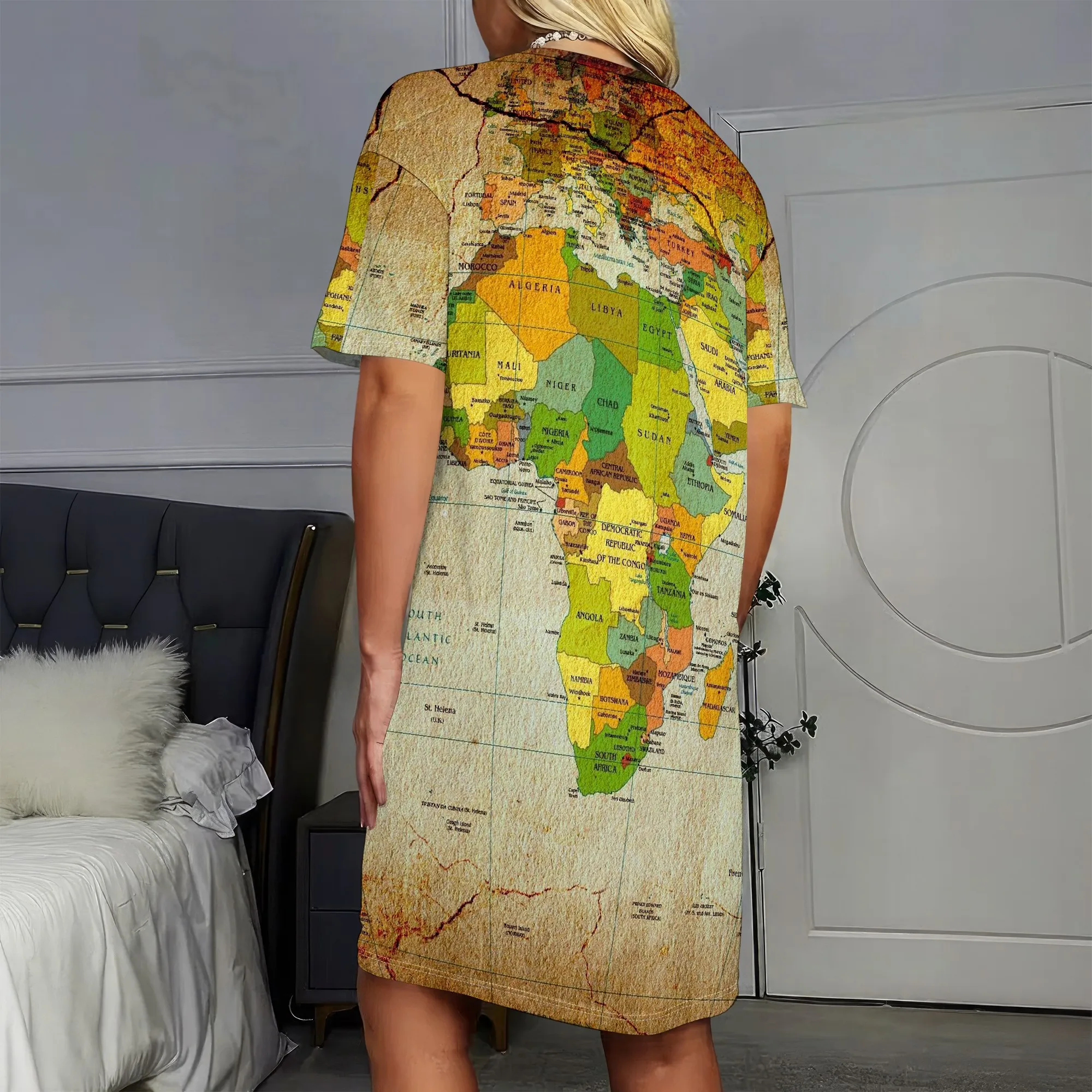Vintage Map Print,Short Sleeve Dress,Africa World Map,Geography Pattern,Travel Theme,Women's Casual Wear,S-2XL
