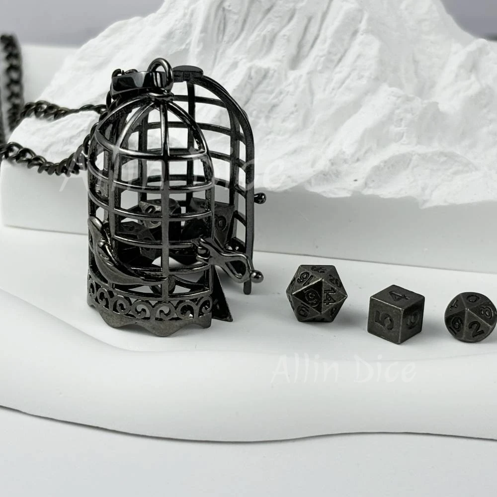 Metal Dice Mini Metal Birdcage with 7pcs DND Dice set Necklace Polyhedron Dice Set for Dungeons and Dragon RPG Role Playing Dice